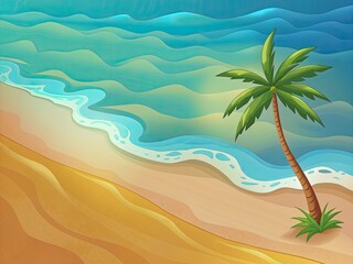 Fototapeta na wymiar A beach with waves, sand, and a palm tree