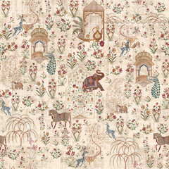 Decorative colorful Mughal art embroidery flowers and elements traditional motif pattern design seamless pattern