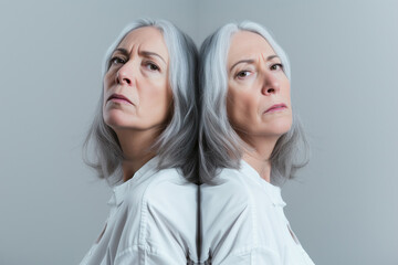 Dual Portrait of Contemplative Elderly Woman, Mirror Image, Grey Tone