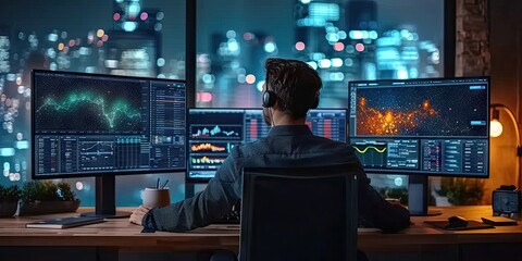 Businessman analyzing data in technology at night in office. Engaging in financial management man at computer showcasing digital charts and graphs. Professional marketing and online communication