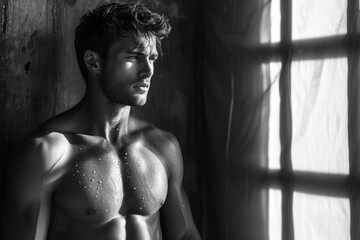 Young topless handsome sporty man. Strong athletic fitness model stands in natural day light, black and white photo - obrazy, fototapety, plakaty