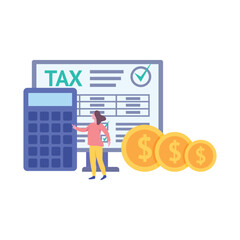 Cartoon Color Taxes and Fees Paying Concept with Character Woman Calculator, Money Isolated on a White Background. Vector illustration