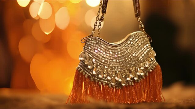 Stunning closeup of a shimmering metallic handbag, complete with sparkling rhinestone embellishments and a lavish tassel charm.