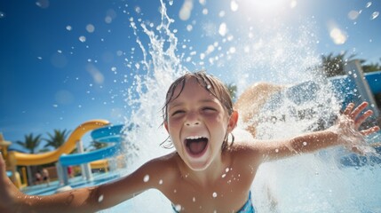 Happy children are splashing on the water slide at the water park on a sunny summer vacation day. Travel, Vacations, Lifestyle concepts. - obrazy, fototapety, plakaty