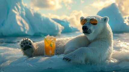 Polar bear sunbathing on an iceberg with sunglasses and a tropical drink. - obrazy, fototapety, plakaty