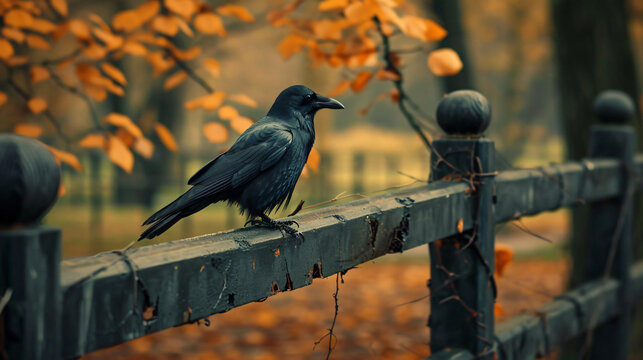Gray crow sits on a fence in the park