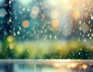 Blurred background with rain drops on glass window surface. Golden glittering bokeh light.  - obrazy, fototapety, plakaty