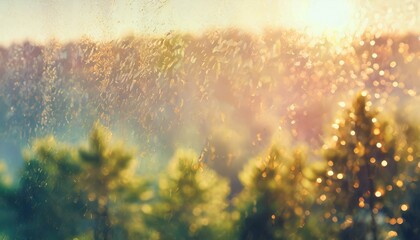 Blurred background with rain drops on glass window surface Misty rainy forest landscape, sunset bokeh light.