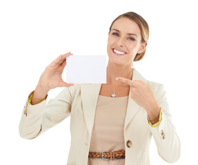Pointing, portrait or businesswoman with card mockup for a sale, promotion offer or advertising...