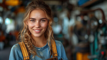 Fototapeta premium Woman car mechanic working with a tablet in an automobile garage, car repair workshop maintenance and service, generative ai