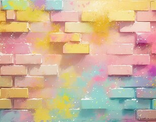 Pastel watercolour brick wall with vibrant colorful splashed paint as background. 