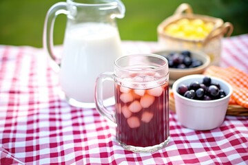 blackcurrant soda in a pitcher with glasses on a picnic blanket