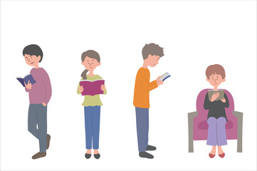 Fototapeta premium 本を読む人々のイラスト