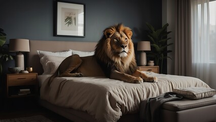 A lion in the bed room of a cozy home from Generative AI