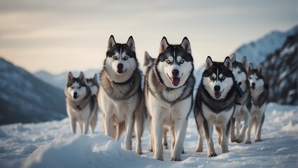 A pack of antartic husky on cold ice winter landscape background from Generative AI - obrazy, fototapety, plakaty