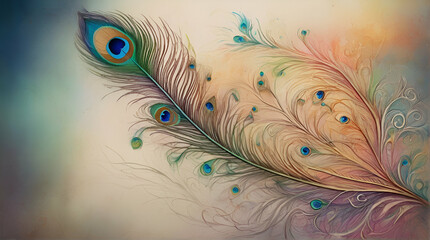 Obraz premium A vibrant and intricate peacock feather, with a rainbow of colors and delicate details, rendered in a whimsical and dreamy style.