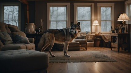 An wolf in the living room of a cozy home from Generative AI - obrazy, fototapety, plakaty