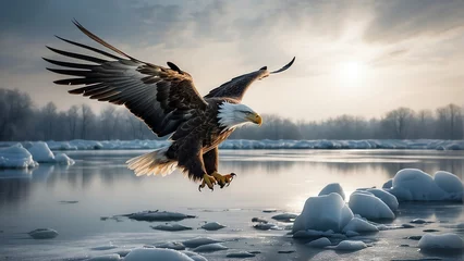 Poster Flying eagle on the sky of cold ice winter landscape background from Generative AI © sevenSkies