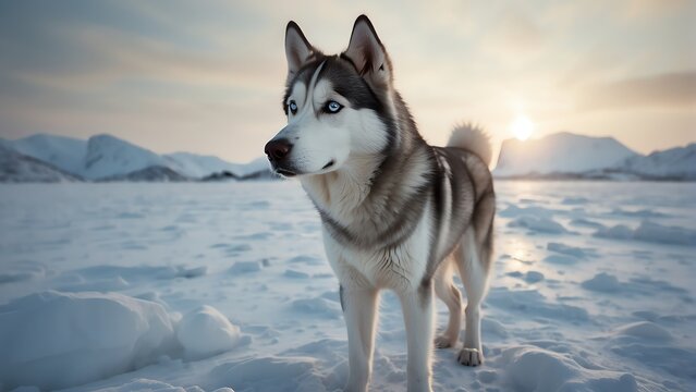Antartic husky on cold ice winter landscape background from Generative AI