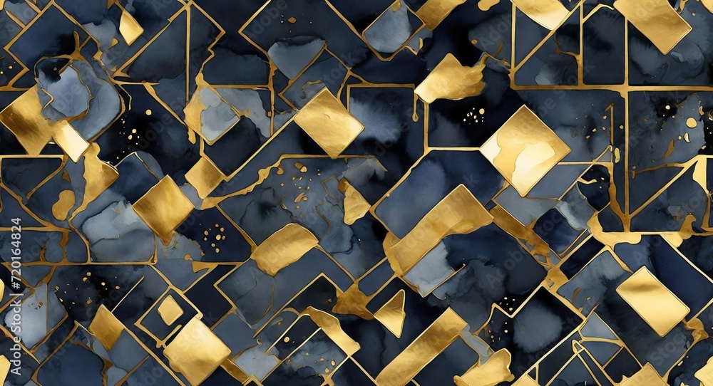 Poster pattern of watercolor abstract of geometric dark blue squares with gold outline from generative ai