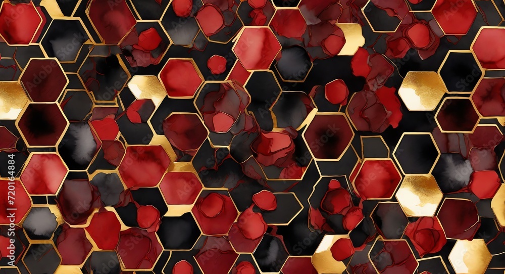 Poster pattern of watercolor abstract of geometric dark red hexagons with gold outline from generative ai