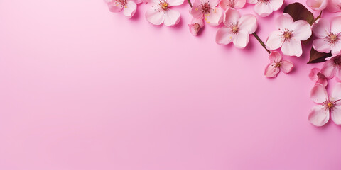 flat lay, pink sakura flowers on a pink background. space for text