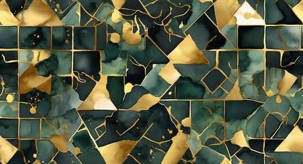 Pattern of watercolor abstract of geometric dark green squares with gold outline from Generative AI
