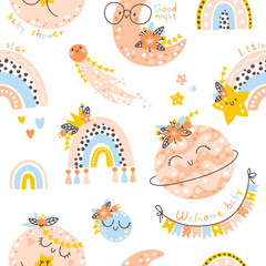 Nursery seamless pattern with rainbows, planets, clouds. Vector background with cute baby shower elements in simple hand-drawn Scandinavian cartoon doodle style. Limited pastel palette for printing.