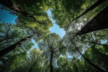 View from the bottom on the trees in forest, ultra wide angle, summer or spring green lush