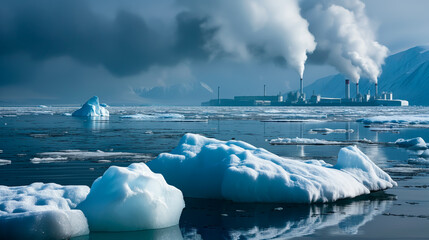 Industrial pollution and its influence on the Arctic climate and ice melting, environmental concern.
