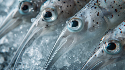Close-up of fresh squid on ice, seafood market detail.
