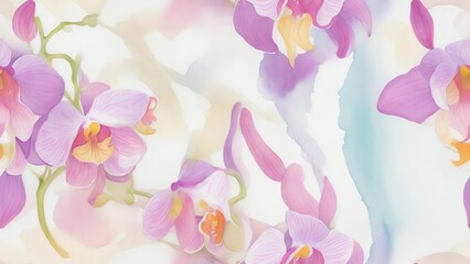 Seamless pattern of watercolor abstract of bright orchid flowers in pastel colors from Generative AI