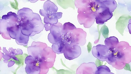 Seamless pattern of watercolor abstract of bright purple flowers in pastel colors from Generative AI