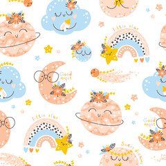 Nursery seamless pattern with rainbows, planets, clouds. Vector background with cute baby shower elements in simple hand-drawn Scandinavian cartoon doodle style. Limited pastel palette for printing.