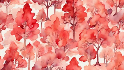 Seamless pattern of watercolor abstract of red trees in pastel colors from Generative AI