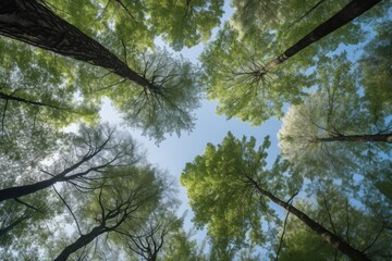 View from the bottom on the trees in forest, ultra wide angle, summer or spring green lush