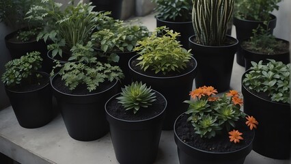 Top view of flower plants in black plastic plant pots from Generative AI