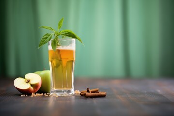 close shot of apple juice in a glass with a stem