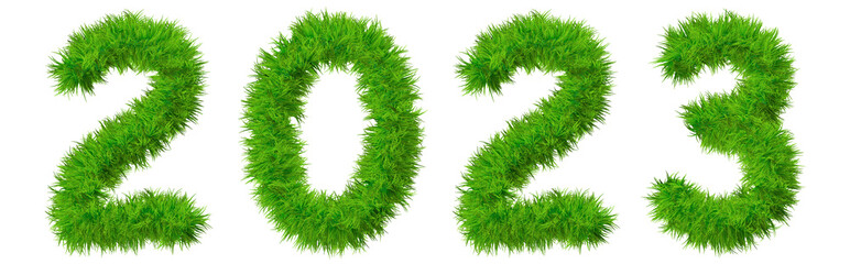 Concept conceptual 2023 year made of green summer lawn grass symbol isolated on white background. 3d illustration as a metaphor for future, nature, environment, organic growth, ecology, conservation