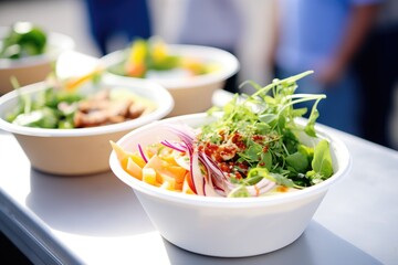 organic salad bowls on display in a healthfood truck
