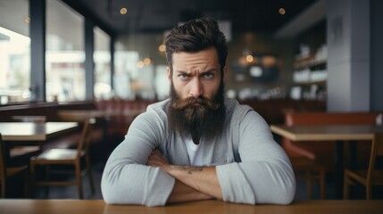 Furious Property Owner - Enraged Bearded Youth Seated in Coffee Shop.