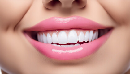 Naklejka premium Closeup healthy white teeth and pink gum of a woman. Oral care dentistry