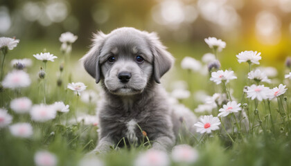Cute gray puppy playing in a garden, sunny day, playful pet dog in a park with flowers outdoor