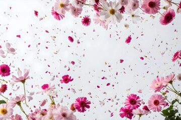 white and pink flowers, petals flying in the sky, fragrance of love and joy