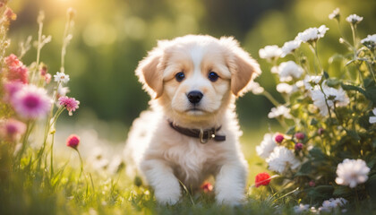 Cute puppy playing in a garden, sunny day, playful pet dog in a park with flowers outdoor