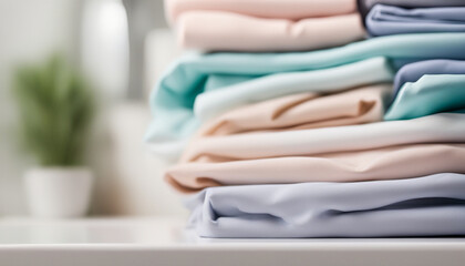 Stack of clean bedding sheets on blurred laundry room background