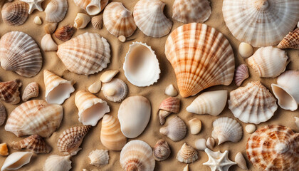 Close up of many seashells, sea shell on the sandy beach