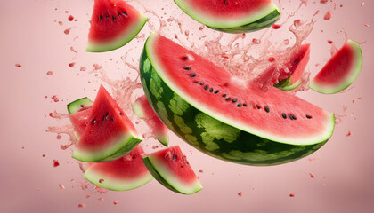 Fresh slices of watermelon flying on a plain background with exploding juice splash