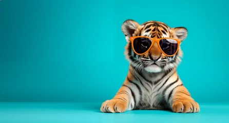Zelfklevend Fotobehang Tiger with glasses in front of studio background. Generative AI. © Sugarpalm