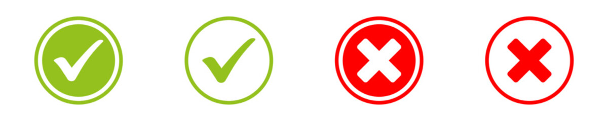 Set of buttons with check mark icon. checkmark icons in green tick and red cross. Cross check mark icon. Set of check mark icons